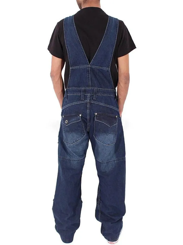 Simple Multi-Pocket Loose Wash-Effect Denim Jumpsuit