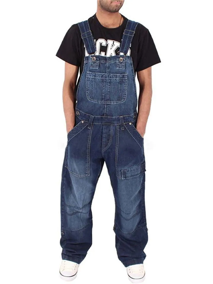 Simple Multi-Pocket Loose Wash-Effect Denim Jumpsuit