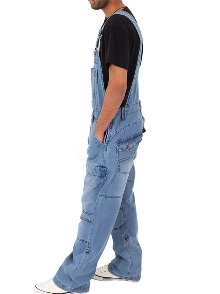 Simple Multi-Pocket Loose Wash-Effect Denim Jumpsuit