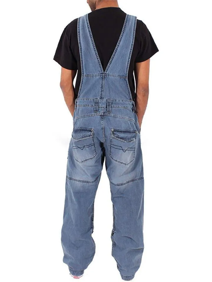 Simple Multi-Pocket Loose Wash-Effect Denim Jumpsuit