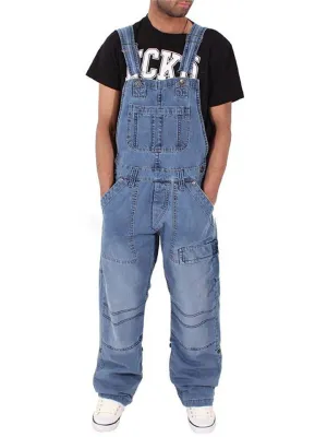 Simple Multi-Pocket Loose Wash-Effect Denim Jumpsuit
