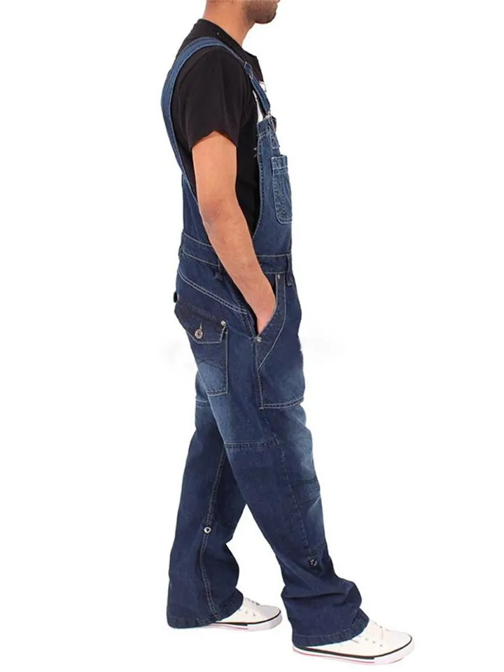 Simple Multi-Pocket Loose Wash-Effect Denim Jumpsuit