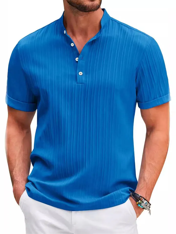 Simple Retro Striped Texture Short Sleeve Henley Shirt for Men