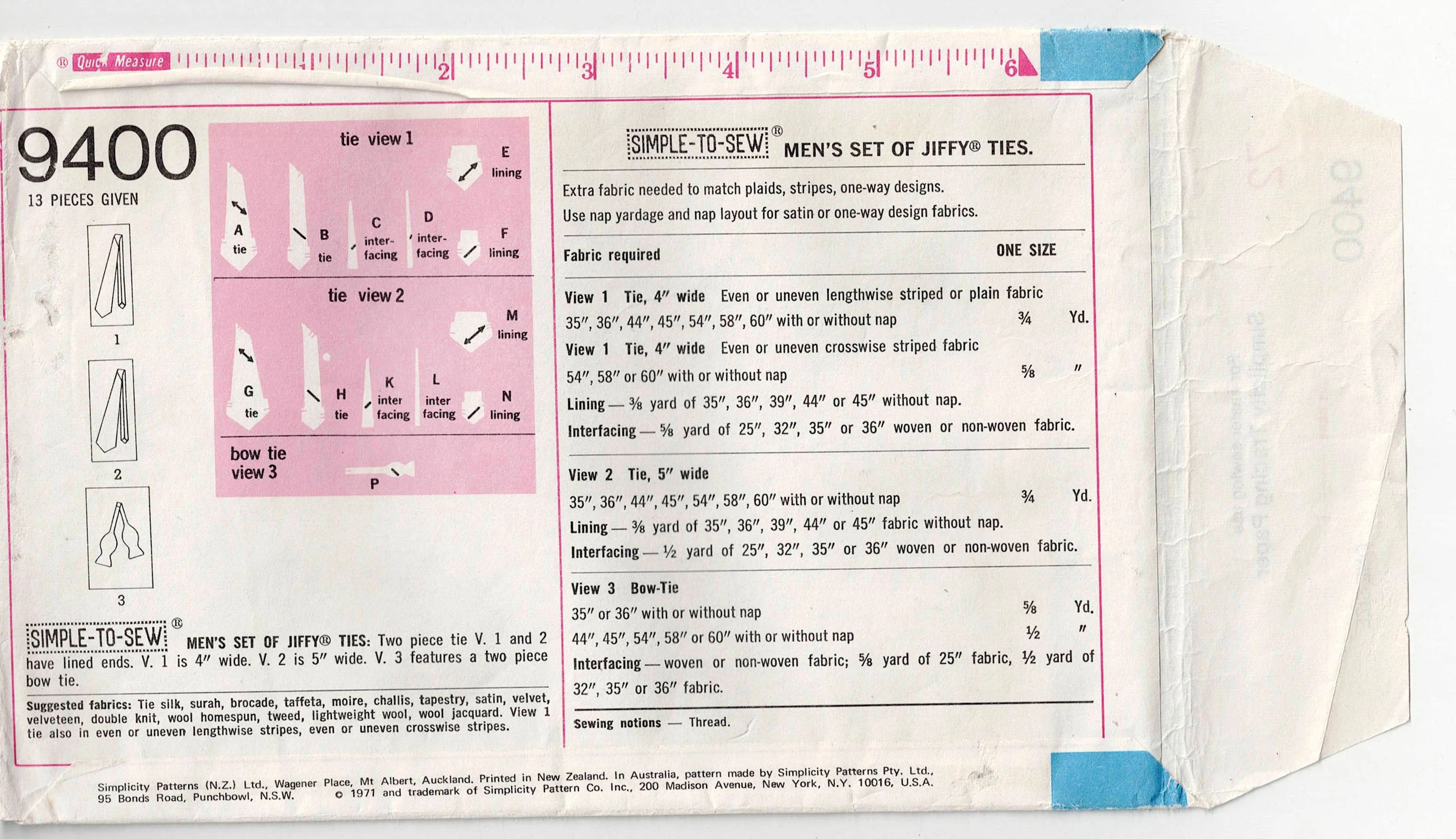 Simplicity 9400 Mens Wide Neckties & Bow Tie 1970s Vintage Sewing Pattern ONE SIZE