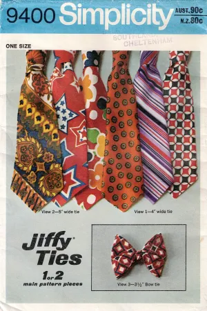 Simplicity 9400 Mens Wide Neckties & Bow Tie 1970s Vintage Sewing Pattern ONE SIZE