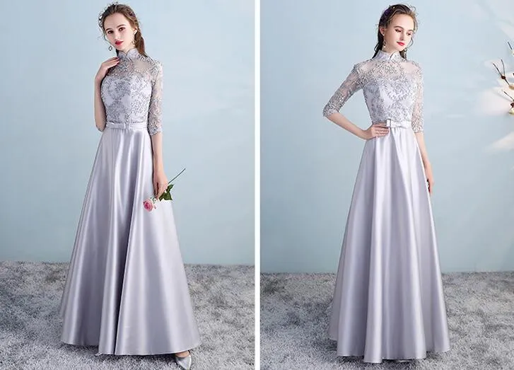 Sliver Grey Satin and Lace A-line Wedding Party Dresses, Cute Long Formal Dress Prom Dress