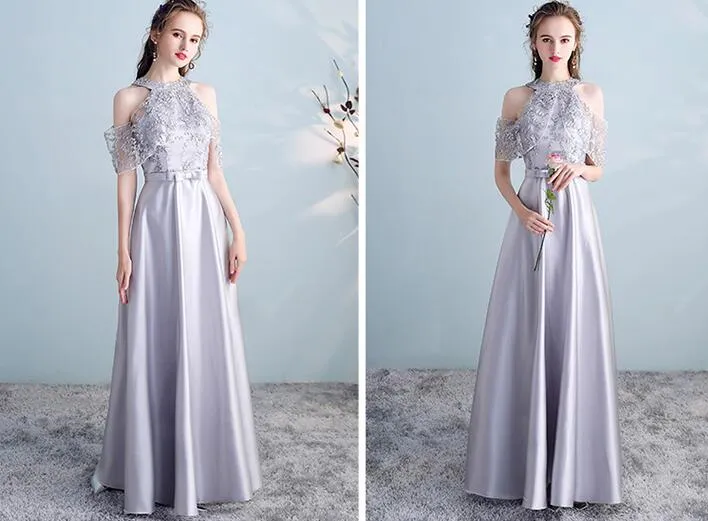 Sliver Grey Satin and Lace A-line Wedding Party Dresses, Cute Long Formal Dress Prom Dress