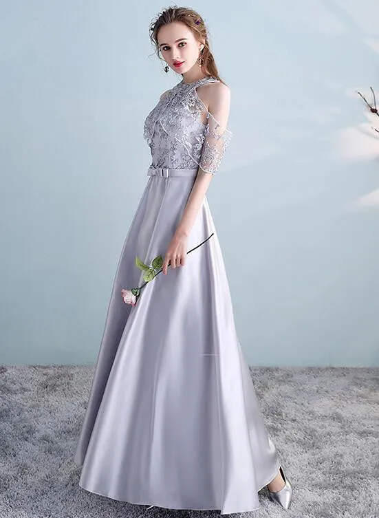 Sliver Grey Satin and Lace A-line Wedding Party Dresses, Cute Long Formal Dress Prom Dress