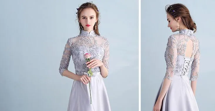 Sliver Grey Satin and Lace A-line Wedding Party Dresses, Cute Long Formal Dress Prom Dress