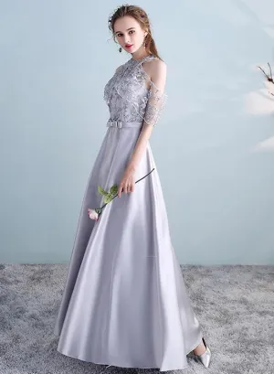 Sliver Grey Satin and Lace A-line Wedding Party Dresses, Cute Long Formal Dress Prom Dress