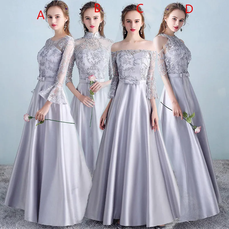 Sliver Grey Satin and Lace A-line Wedding Party Dresses, Cute Long Formal Dress Prom Dress