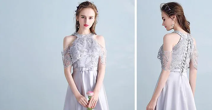 Sliver Grey Satin and Lace A-line Wedding Party Dresses, Cute Long Formal Dress Prom Dress