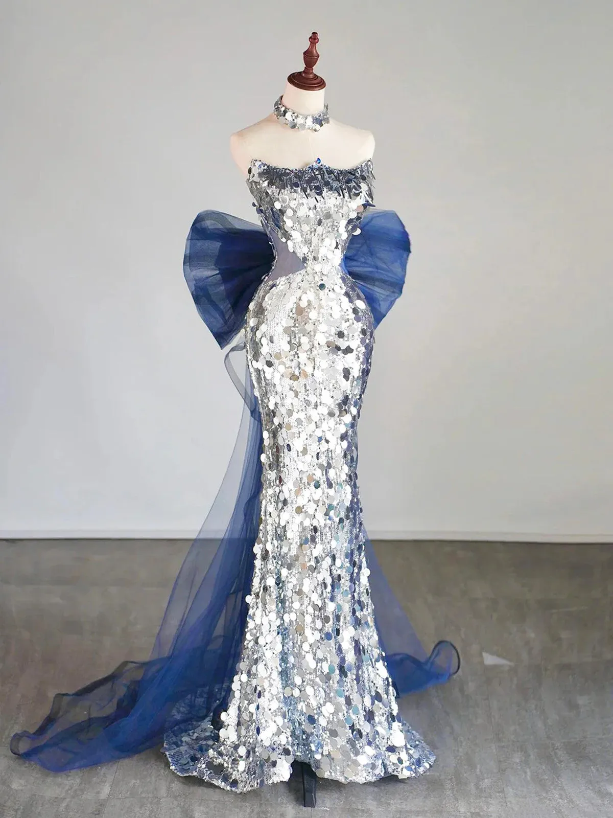 Sliver Mermaid Sequins Long Prom Dress, Sliver Off the Shoulder Formal Dress