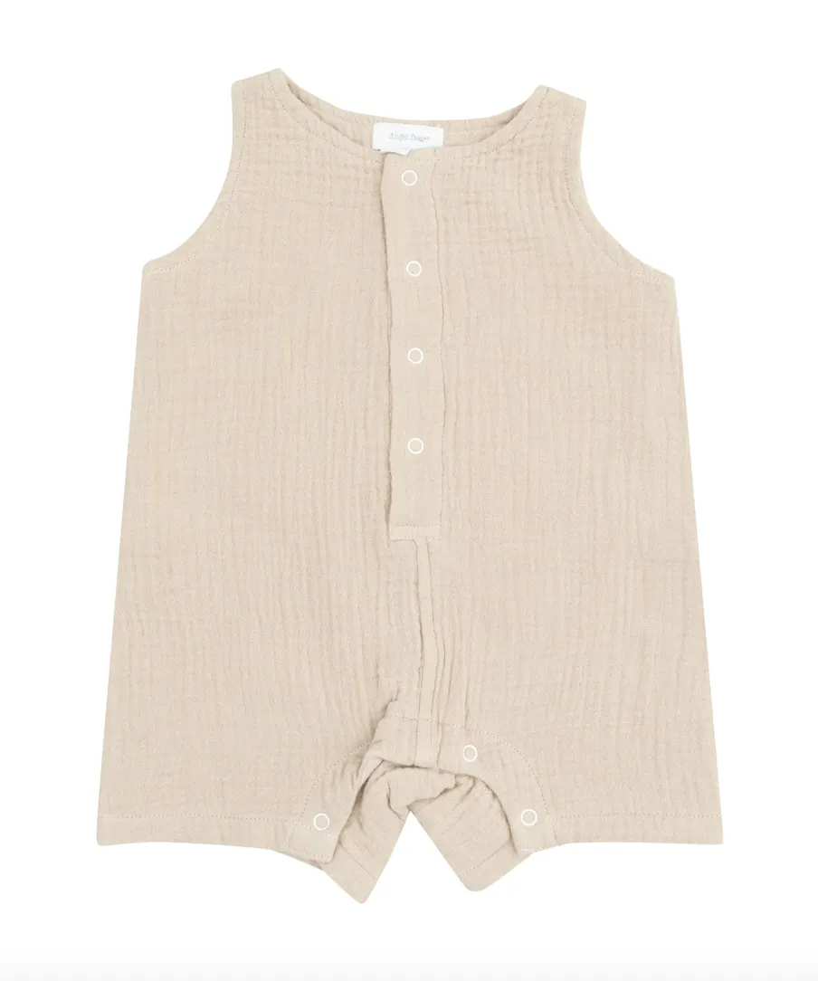 Solid Muslin Oxford Tan Sleeveless Shortie Romper