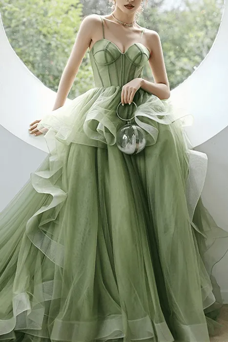Spaghetti Straps A-line Sage Green Long Formal Prom Dress TP1138