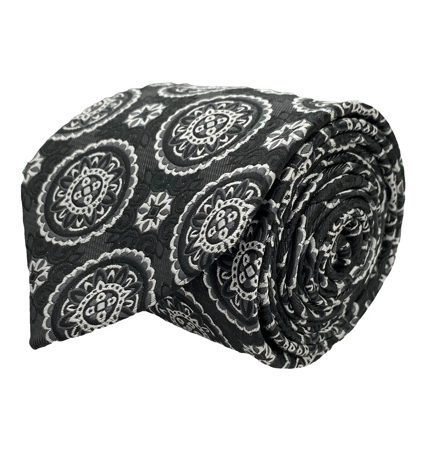 Stacy Adams Tie and Handkerchief - Black and Grey Floral Medallions T33