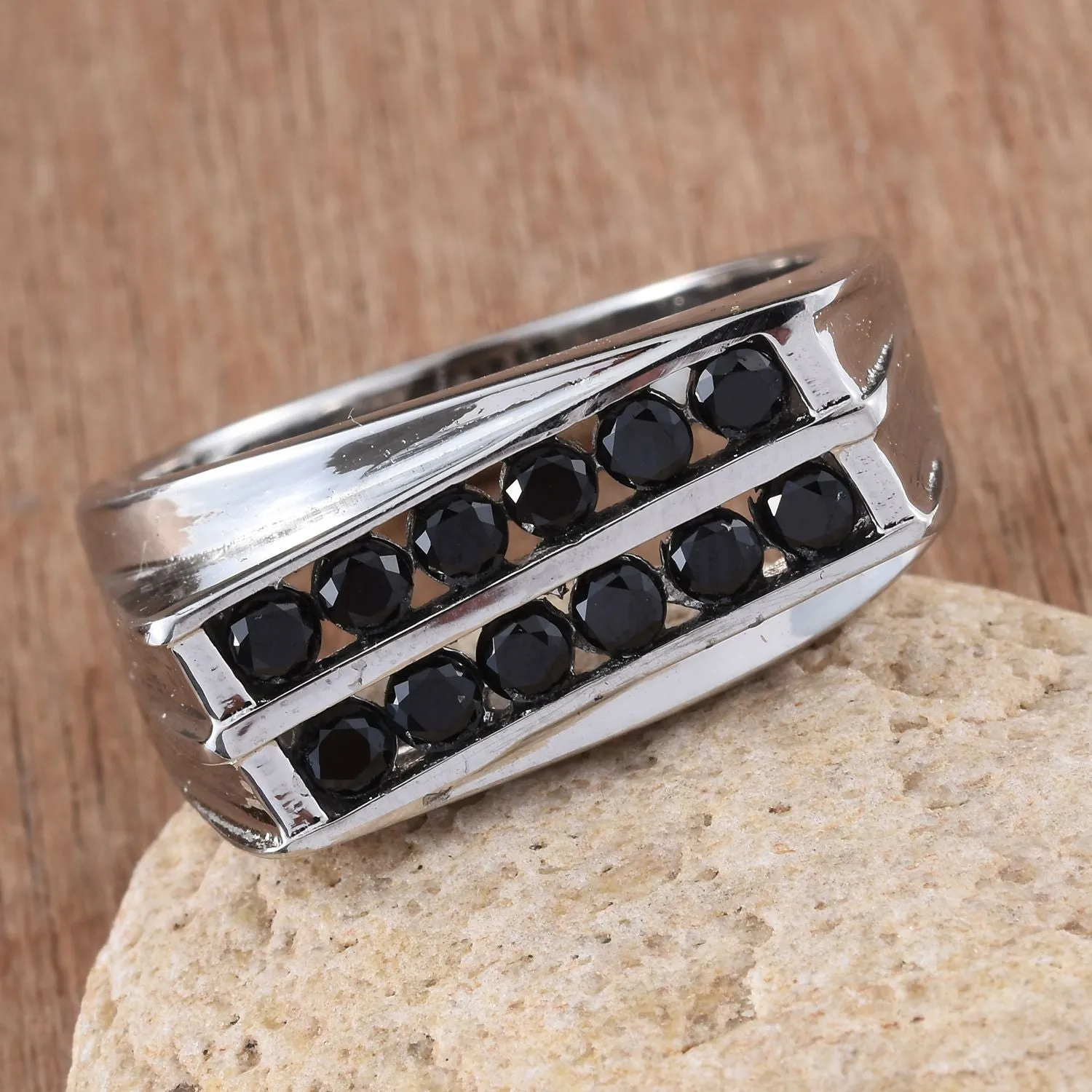 Stainless Steel Thai BLACK SPINEL Gemstone Double Row Men's Ring