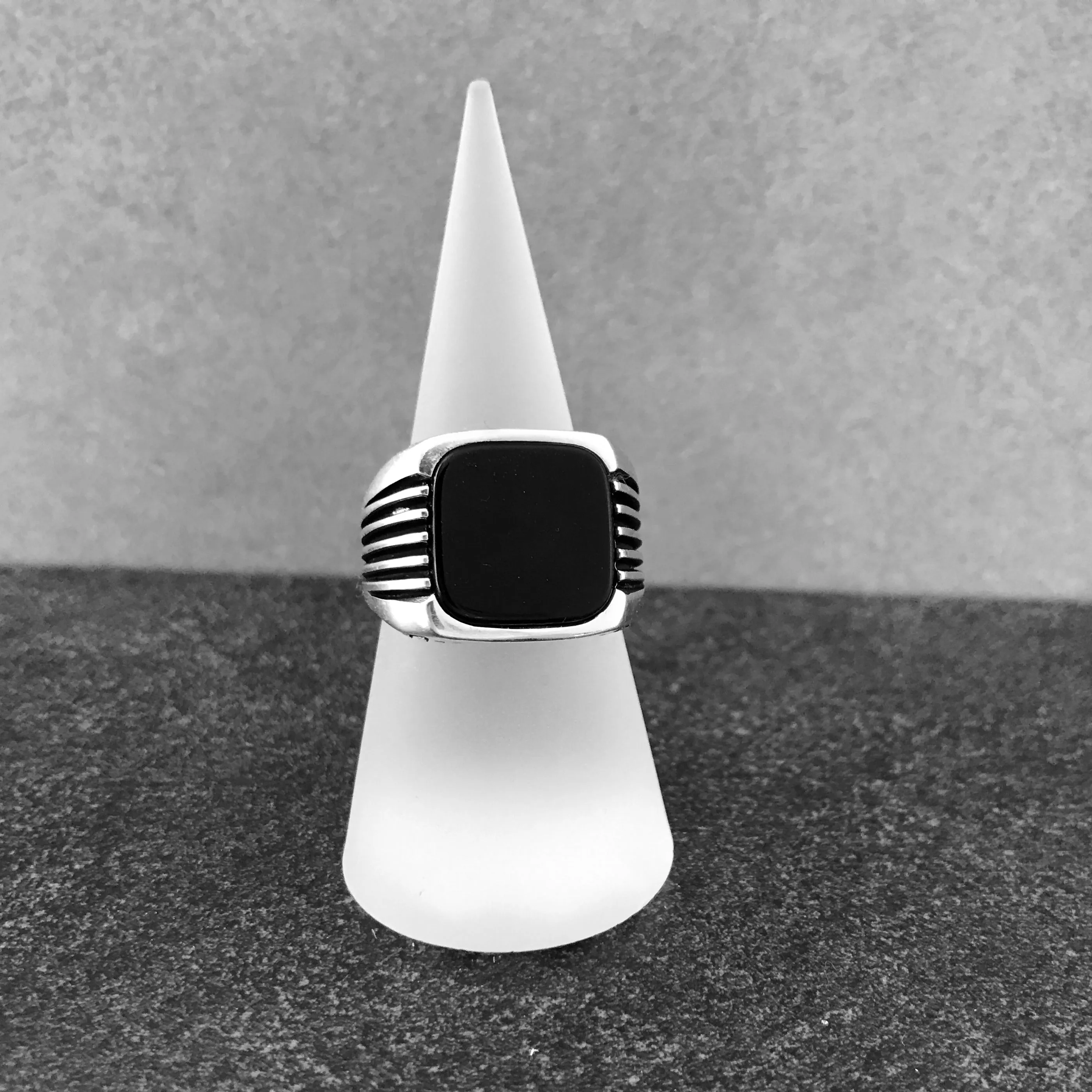 Sterling Silver Ring with Large Rounded-square Black Onyx Stone