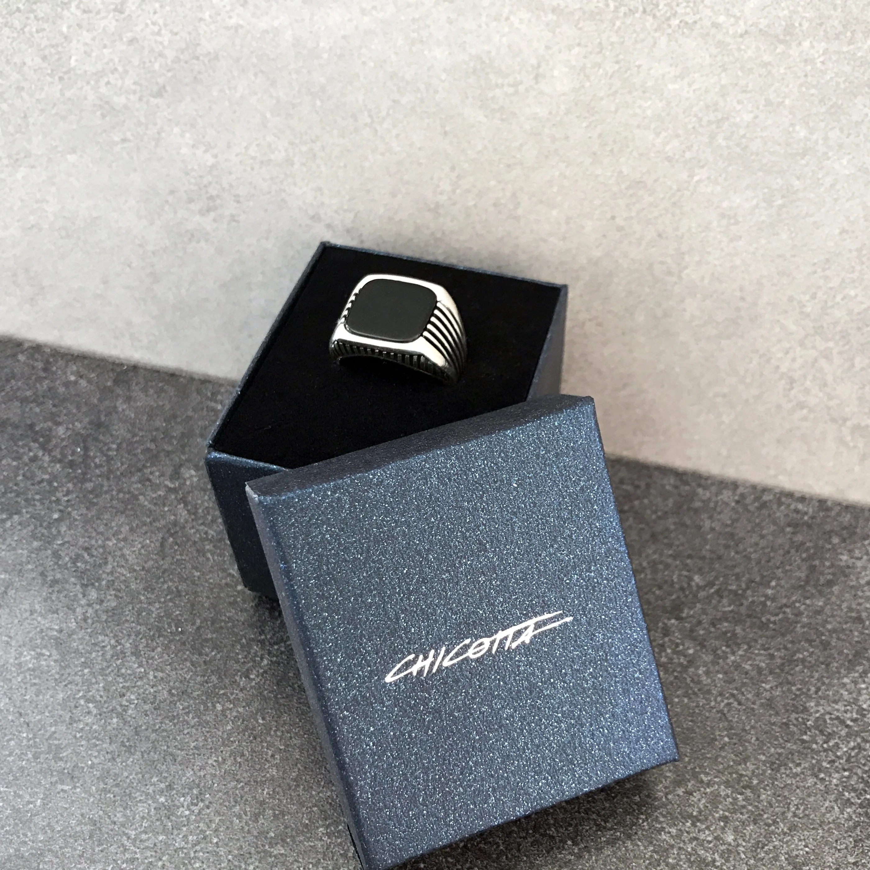 Sterling Silver Ring with Large Rounded-square Black Onyx Stone