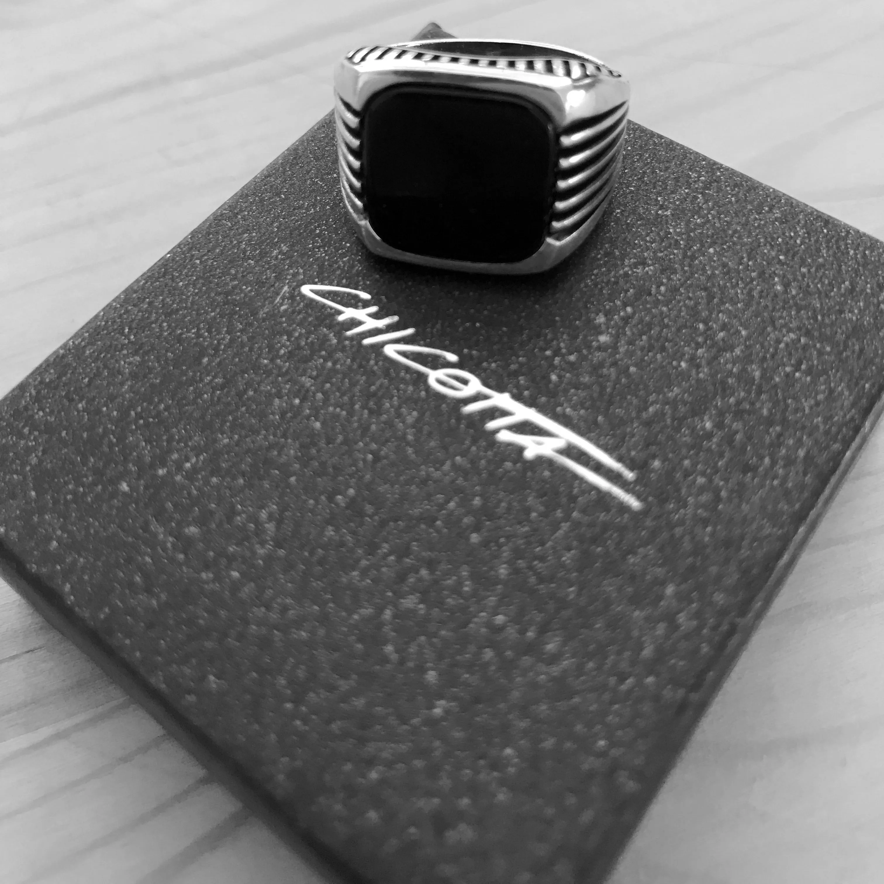 Sterling Silver Ring with Large Rounded-square Black Onyx Stone