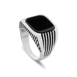 Sterling Silver Ring with Large Rounded-square Black Onyx Stone