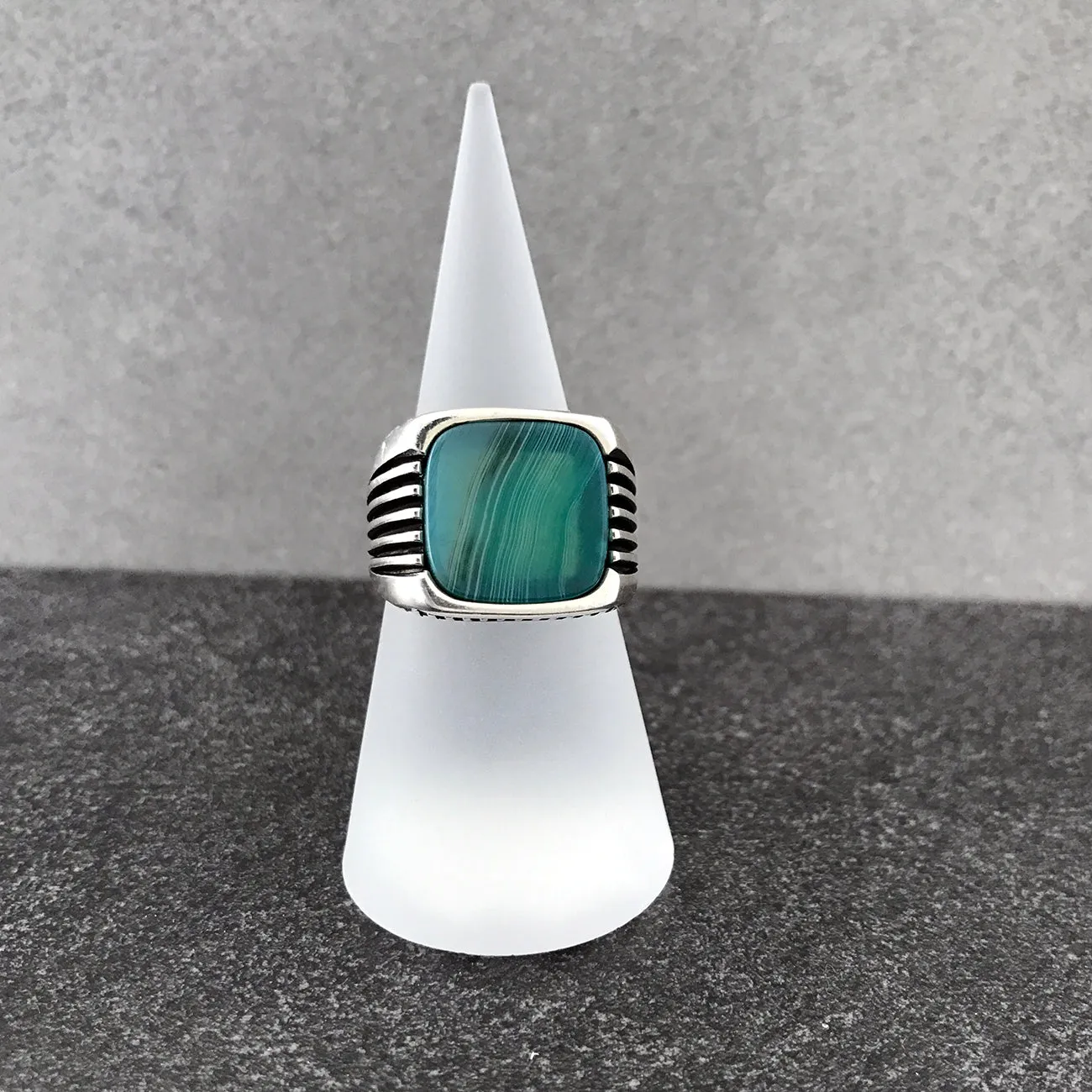 Sterling Silver Ring with Large Rounded-square Water Green Agate