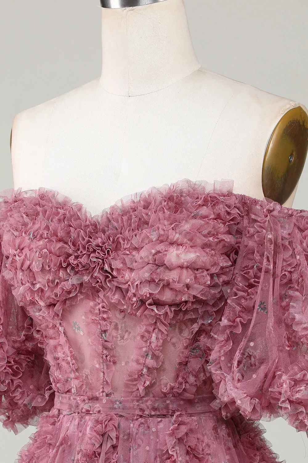 Stylish Dusty Rose A Line Off the Shoulder Tulle Short Homecoming Dress