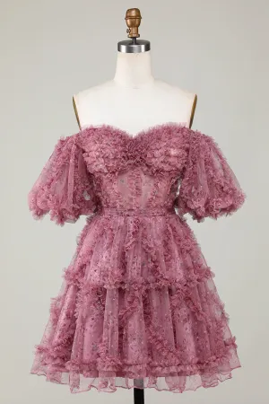 Stylish Dusty Rose A Line Off the Shoulder Tulle Short Homecoming Dress