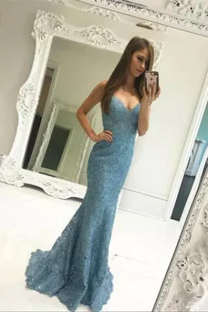 Sweetheart Mermaid Blue Lace Long Prom Dress,Formal Evening Dresses OK605