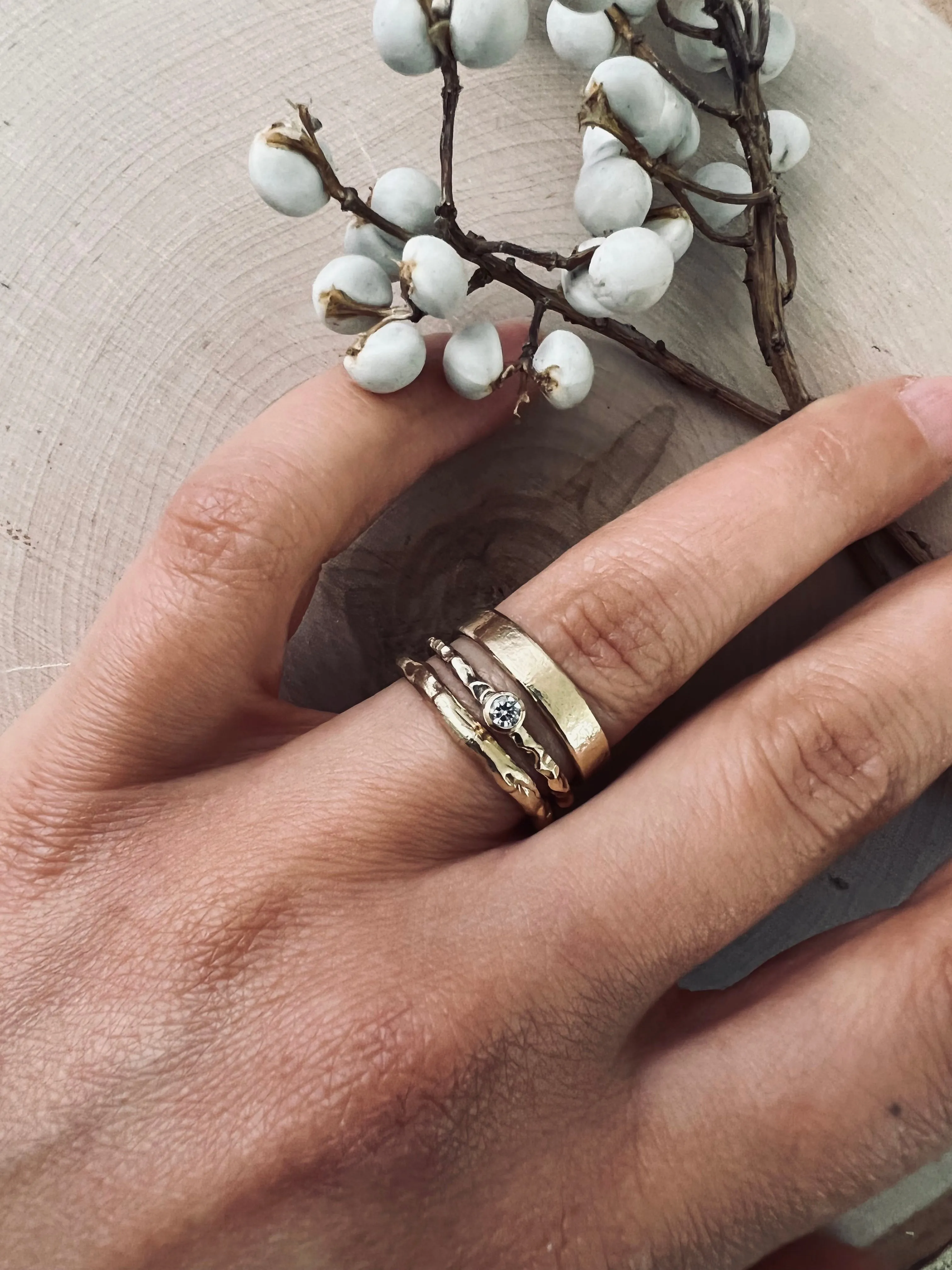 Textured 14k yellow gold wedding ring stacker