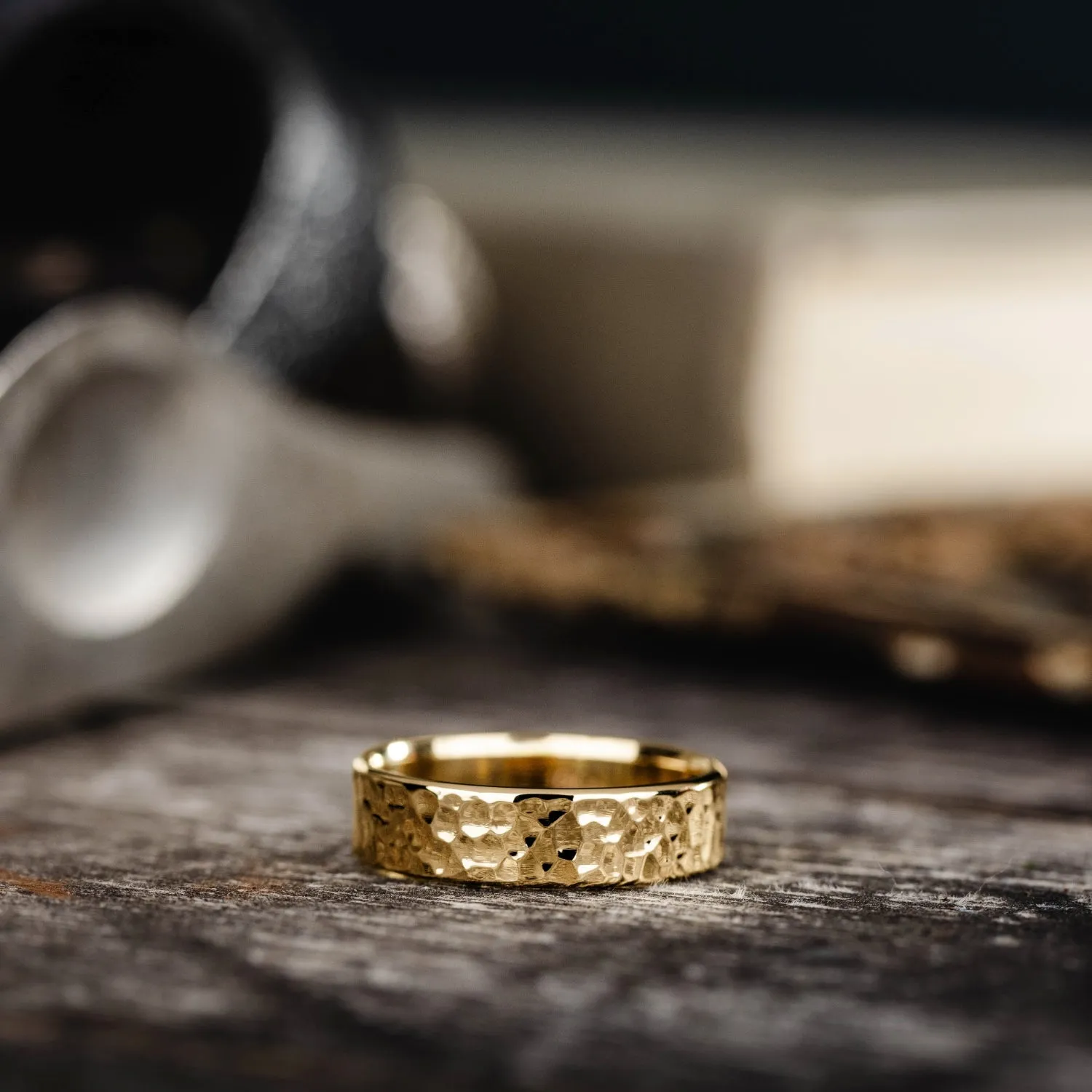 The Marsh | 5mm & 6mm Men's Hammered Yellow Gold Wedding Band