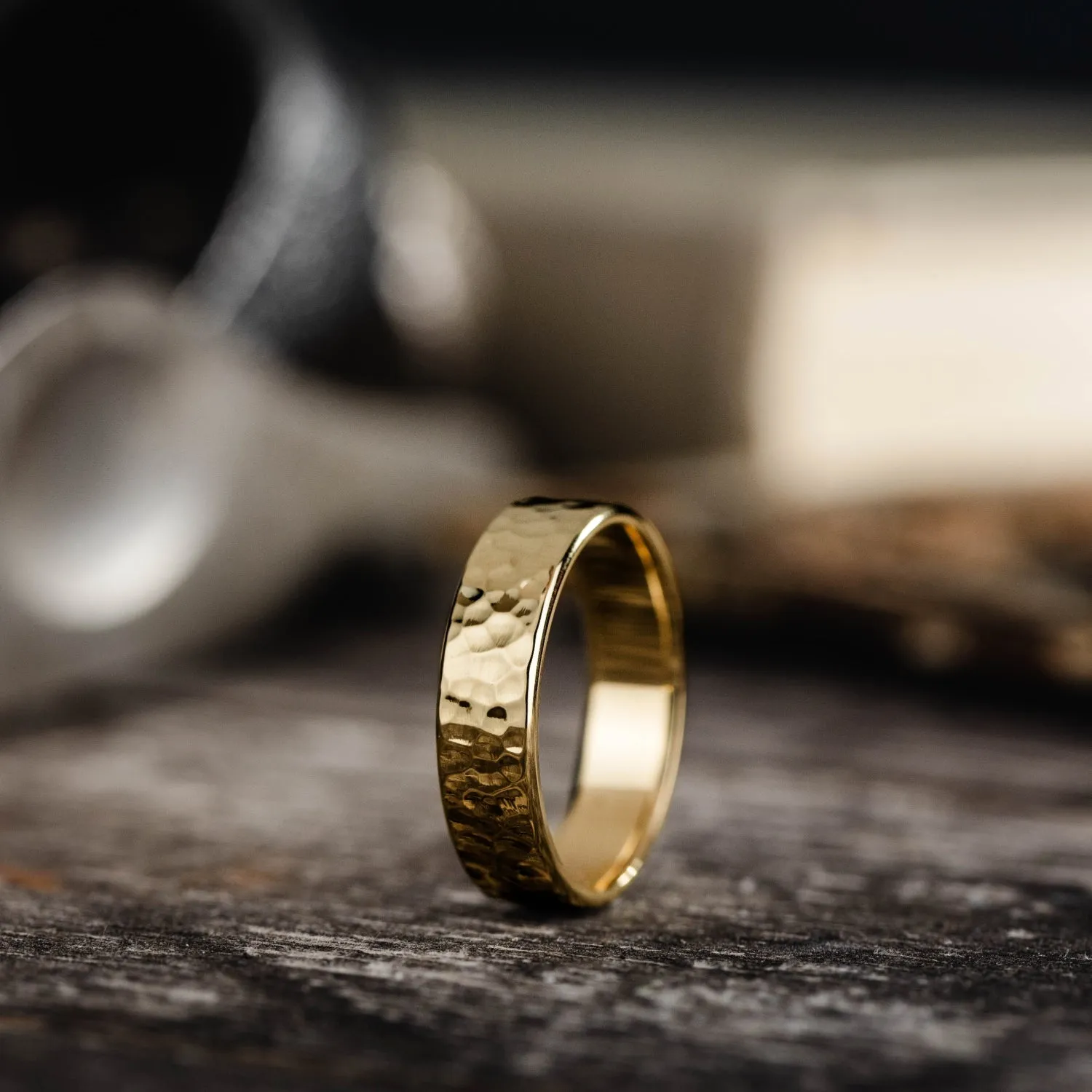 The Marsh | 5mm & 6mm Men's Hammered Yellow Gold Wedding Band