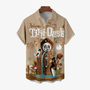 TIKI Art Printed Casual Large Size Short Sleeve Shirt 2407000561