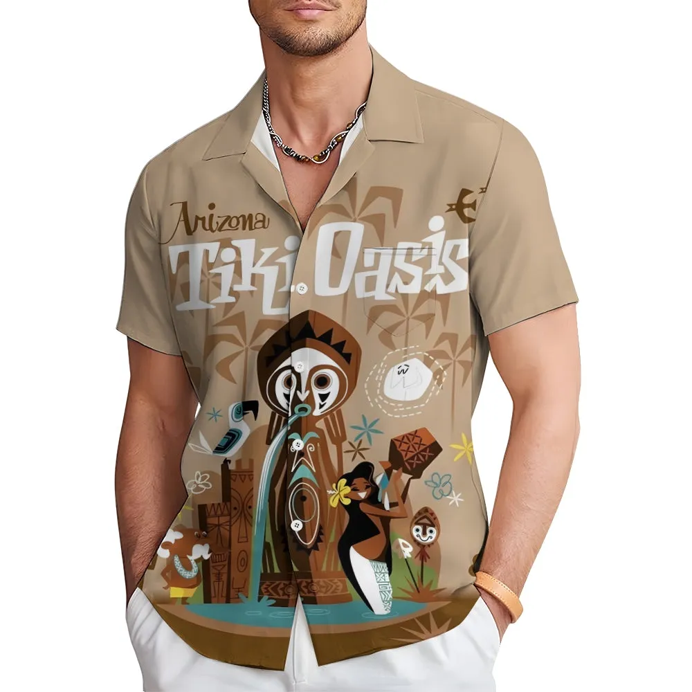 TIKI Art Printed Casual Large Size Short Sleeve Shirt 2407000561