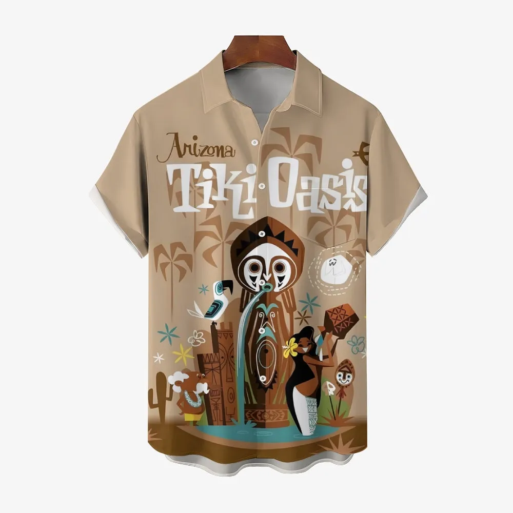 TIKI Art Printed Casual Large Size Short Sleeve Shirt 2407000561