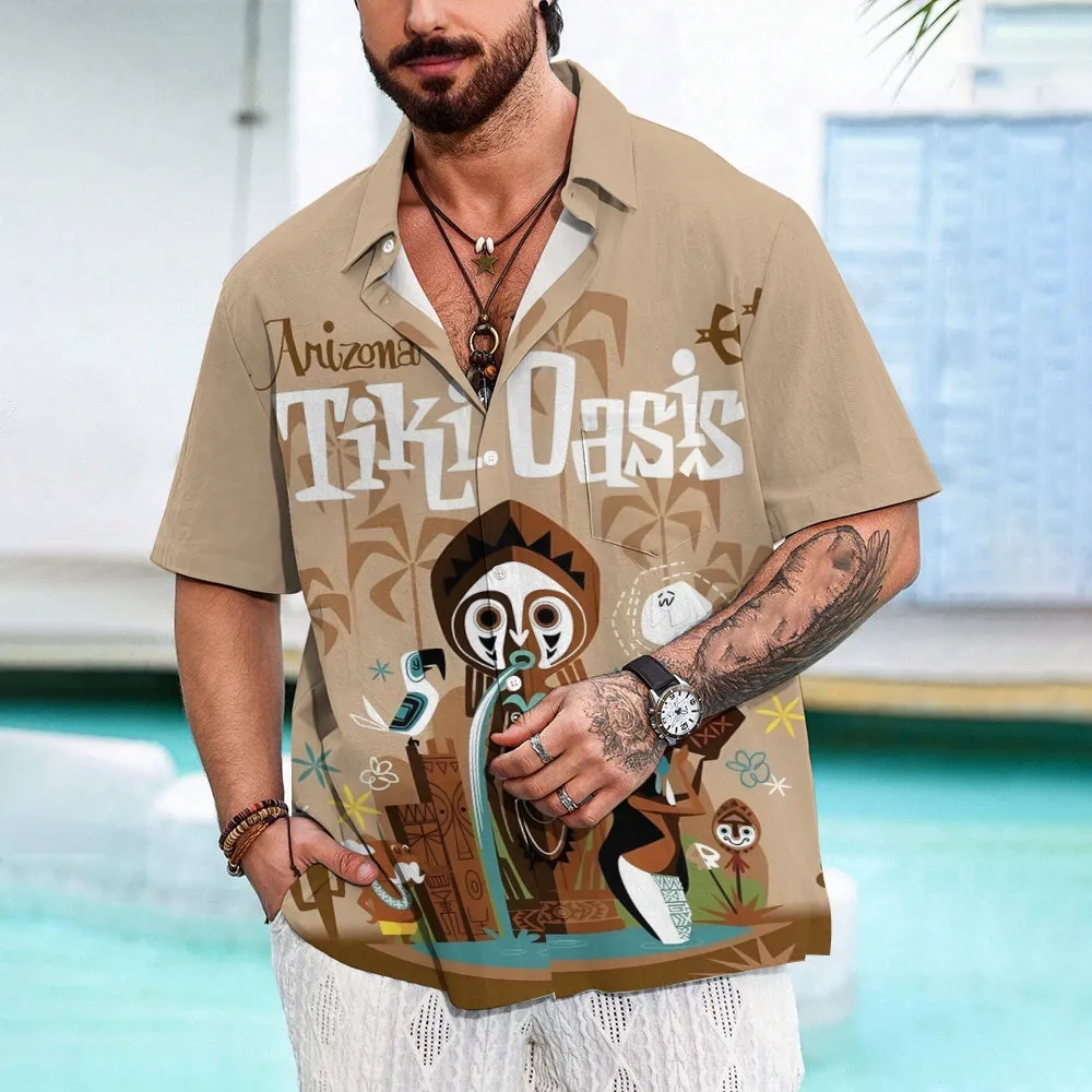 TIKI Art Printed Casual Large Size Short Sleeve Shirt 2407000561