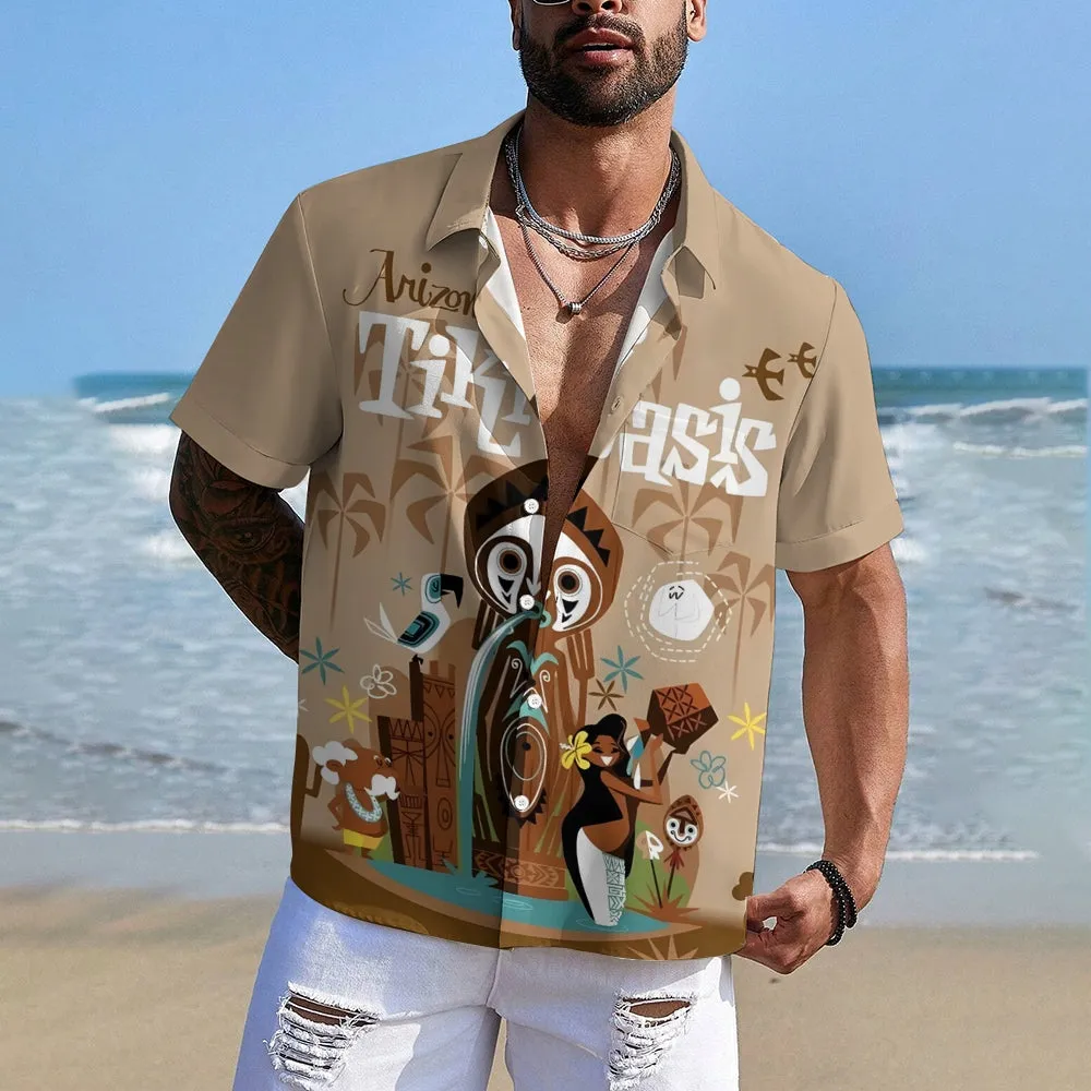 TIKI Art Printed Casual Large Size Short Sleeve Shirt 2407000561