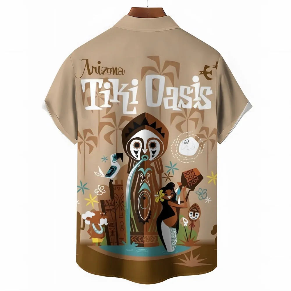 TIKI Art Printed Casual Large Size Short Sleeve Shirt 2407000561