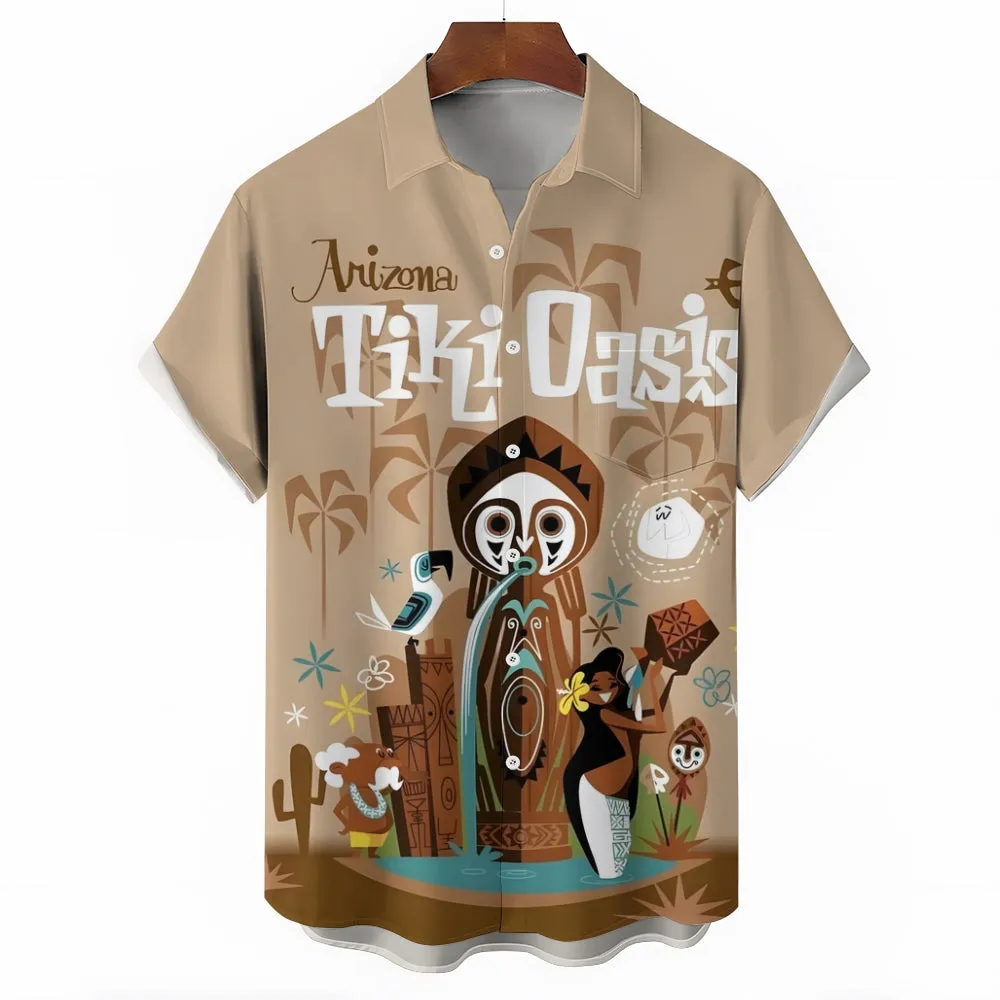 TIKI Art Printed Casual Large Size Short Sleeve Shirt 2407000561