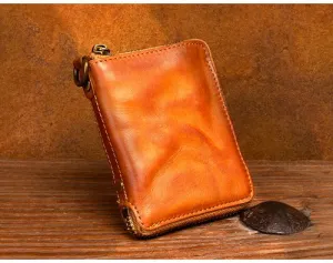 Top layer cow leather zipper short Wallet Leather Handmade