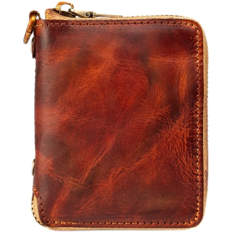 Top layer cow leather zipper short Wallet Leather Handmade