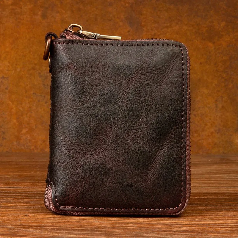 Top layer cow leather zipper short Wallet Leather Handmade