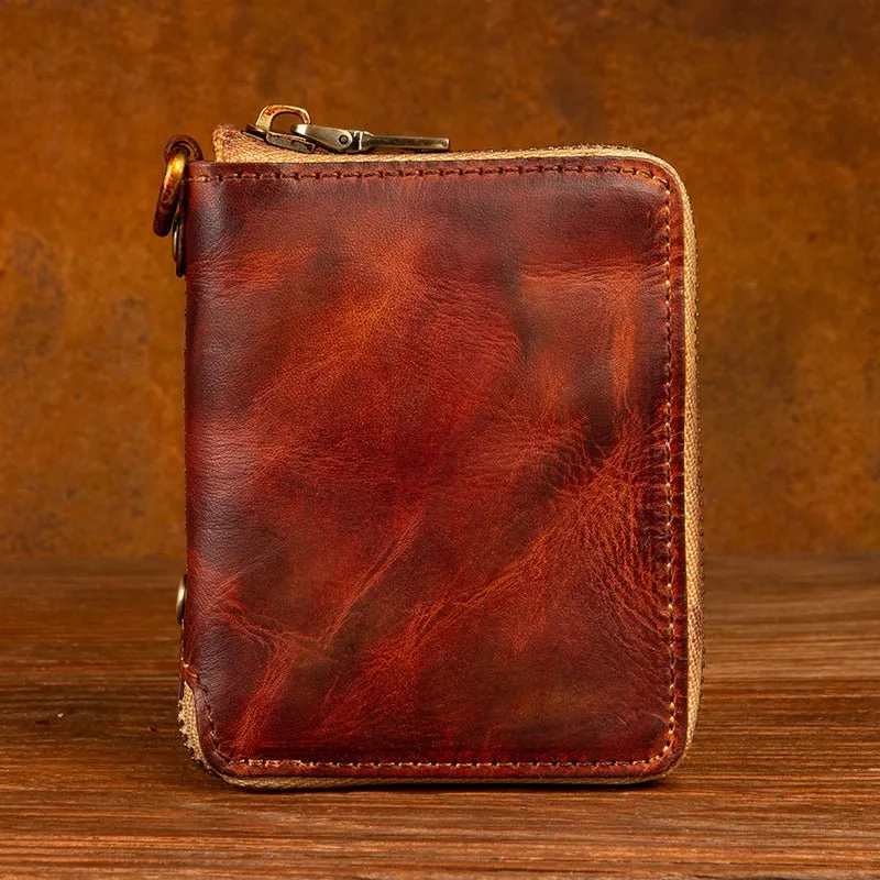 Top layer cow leather zipper short Wallet Leather Handmade