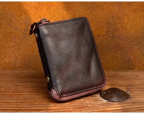 Top layer cow leather zipper short Wallet Leather Handmade