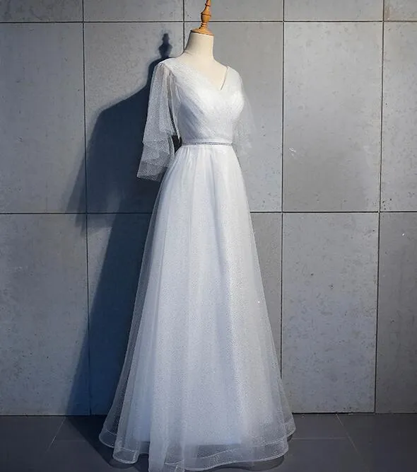 Tulle A-line Short Sleeves Long Prom Dress, Tulle Bridesmaid Dress Party Dress