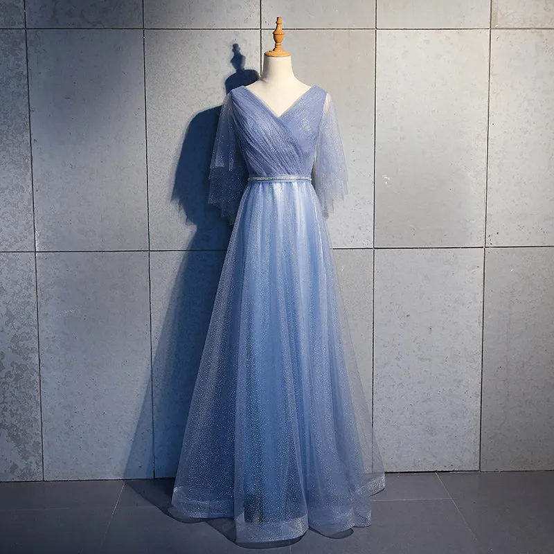 Tulle A-line Short Sleeves Long Prom Dress, Tulle Bridesmaid Dress Party Dress