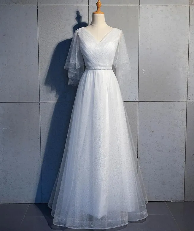 Tulle A-line Short Sleeves Long Prom Dress, Tulle Bridesmaid Dress Party Dress