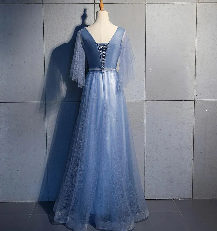Tulle A-line Short Sleeves Long Prom Dress, Tulle Bridesmaid Dress Party Dress