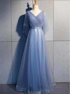 Tulle A-line Short Sleeves Long Prom Dress, Tulle Bridesmaid Dress Party Dress