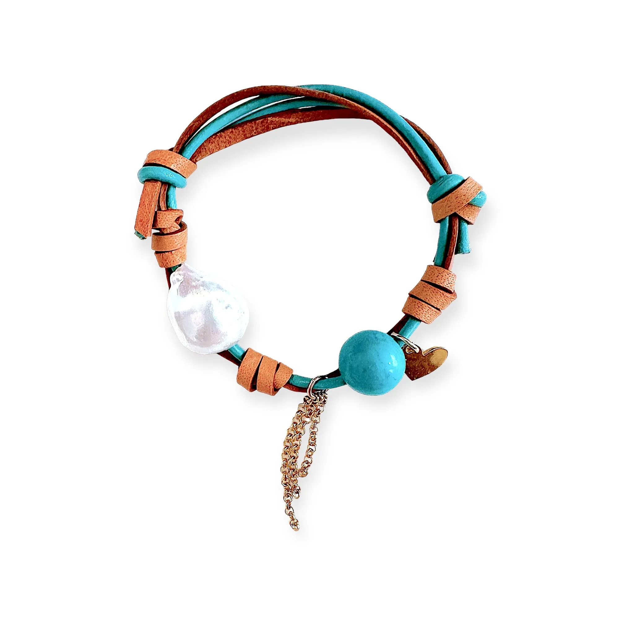 Turquoise Beach Pearl Gold Heart Chain Rocker Bracelet